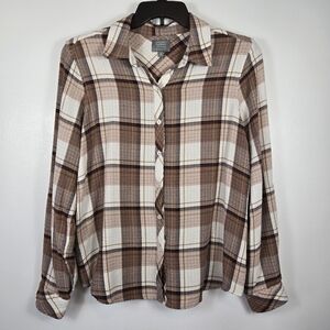 Berkley Jensen Tan Gauzy Texture Long Sleeve Plaid Button Down Shirt Size Medium